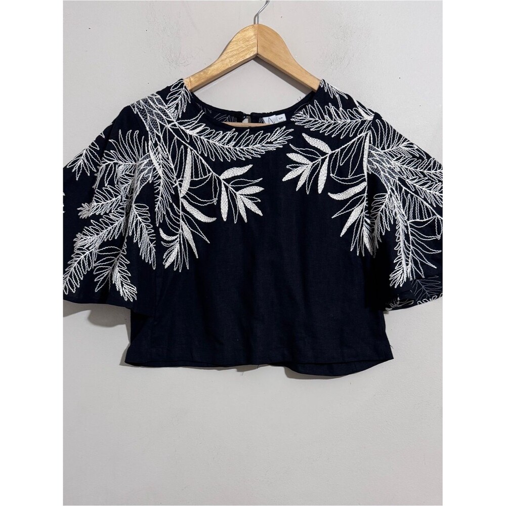 Joie Black Linen Blend Embroidered Flutter-Sleeve Crop Top size S Resortwear
